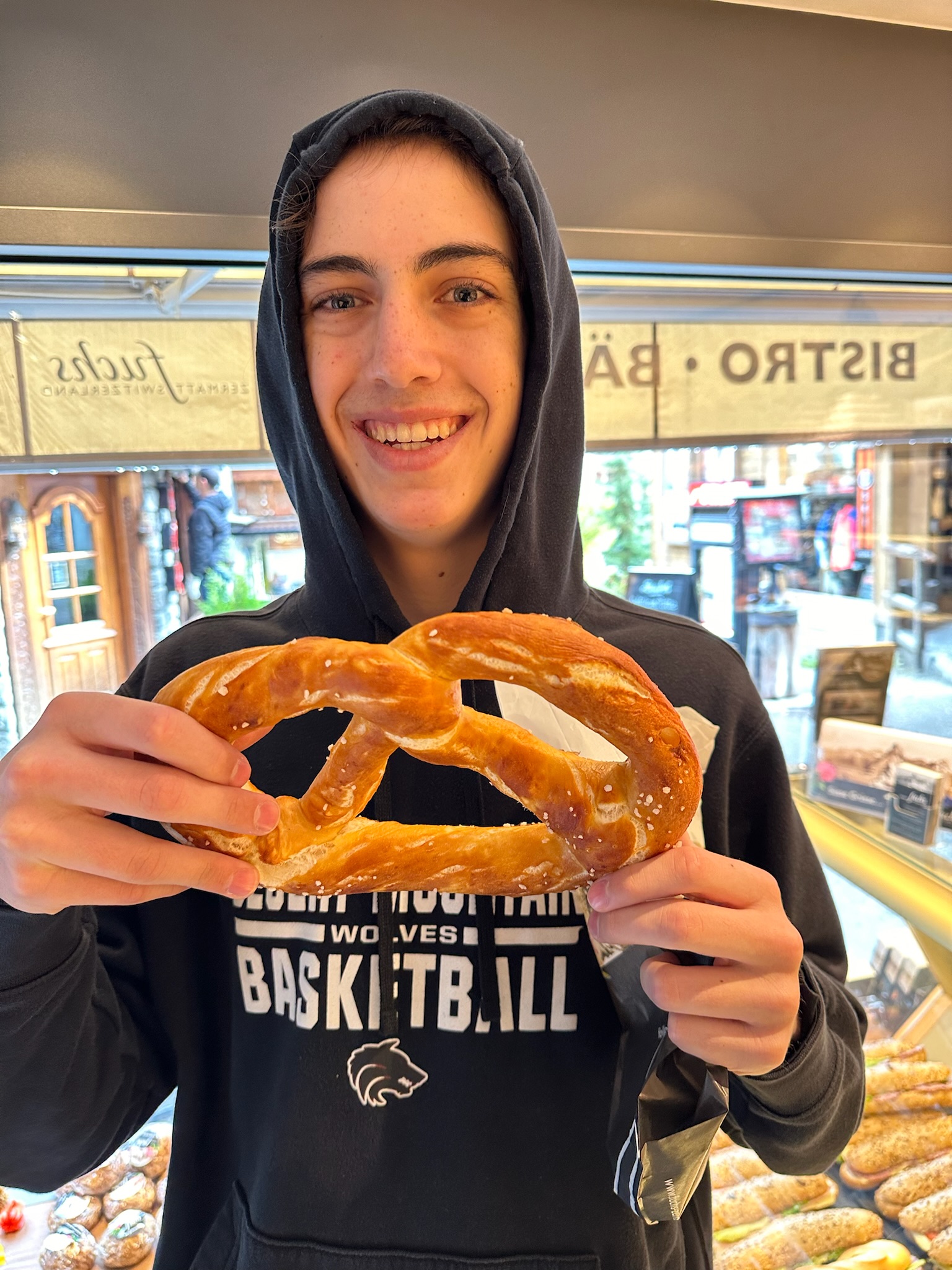 Camden with local pretzel in Zermatt